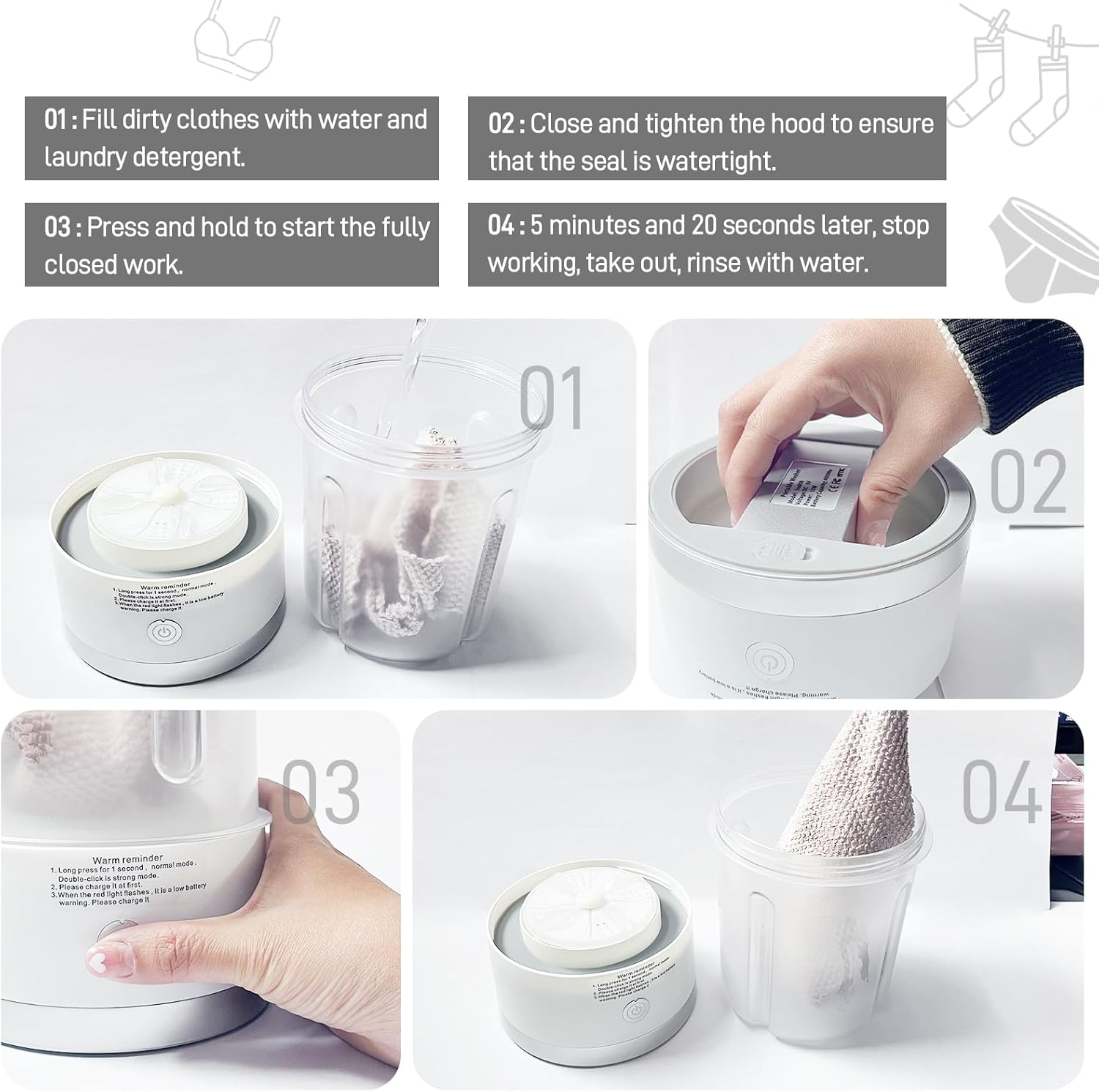 Underwear Washing Machine | Portable 1L Rechargeable Mini Washer Deep Cleaning of Underwear, Baby Small Clothes, Socks | Lightweight and Compact for Apartment, Dorm, Hotel, Travel (White) 8 Underwear Washing Machine | Portable 1L Rechargeable Mini Washer Deep Cleaning of Underwear, Baby Small Clothes, Socks | Lightweight and Compact for Apartment, Dorm, Hotel, Travel (White) - Image 8