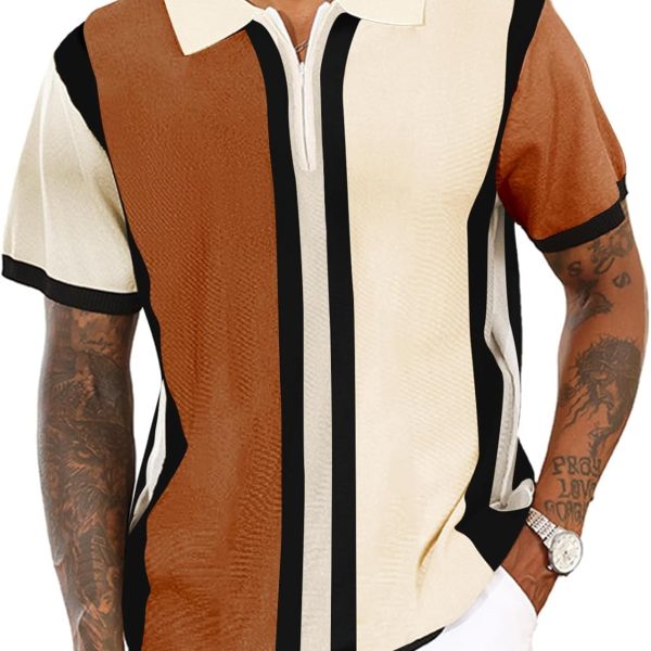 Men's Fashion Knit Polo Shirts Vintage Striped Knitting Shirts Ribbed Slim Fit Golf Shirts