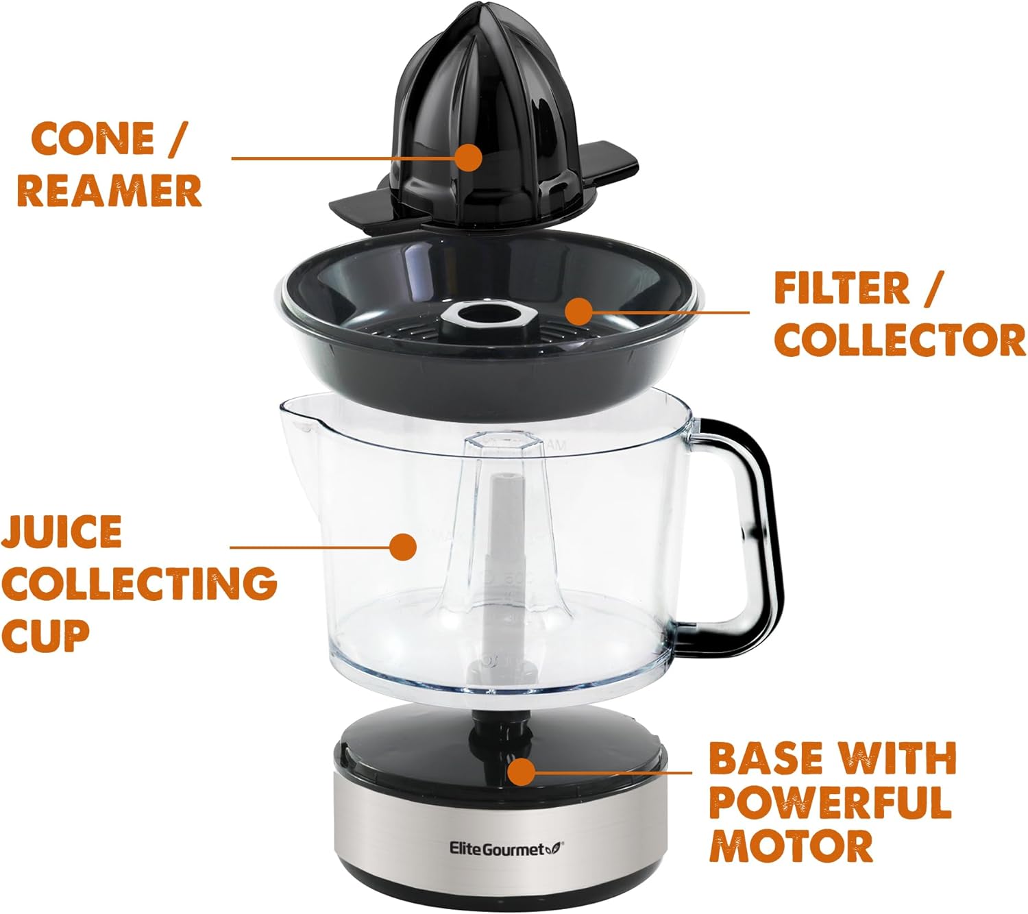 Elite Gourmet ETS623 BPA-Free Electric Citrus Juicer, Compact, Large Volume, Pulp Control, Oranges, Lemons, Limes, Grapefruits with Easy Pour Spout, 24oz, Black/Stainless Steel 2 Elite Gourmet ETS623 BPA-Free Electric Citrus Juicer, Compact, Large Volume, Pulp Control, Oranges, Lemons, Limes, Grapefruits with Easy Pour Spout, 24oz, Black/Stainless Steel - Image 2