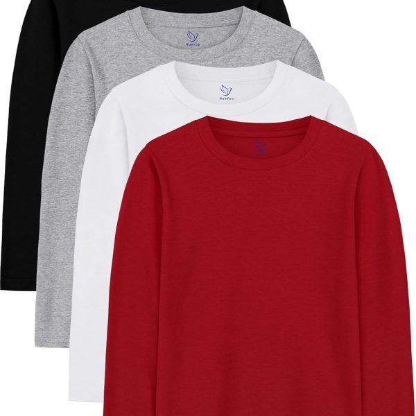 4 Pack Boys Long Sleeve Shirts Soft Cotton Basic Tees Youth Boys Long Sleeve T-Shirts Layering Shirts Tagless