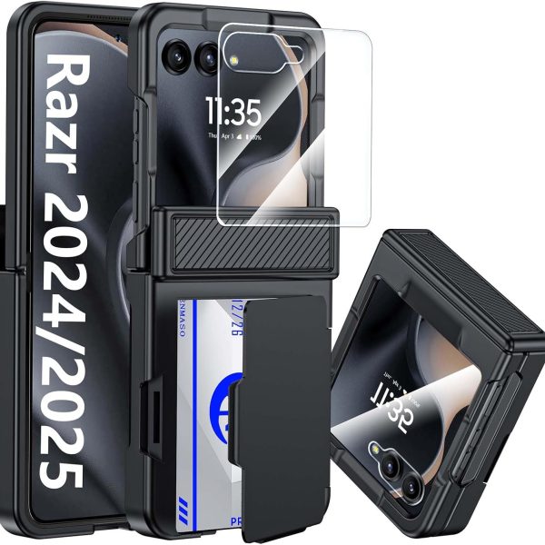CENMASO for Motorola Razr 2025 Case/Razr 2024 Case with Card Holder [RFID Blocking] & Hinge Protection & Screen Protector, Rugged Anti-Scratch Shockproof Phone Case for Moto Razr 2025/2024-Black