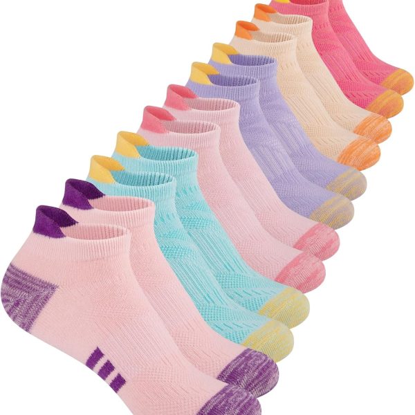 Comfoex 12 Pairs Girls Athletic Ankle Socks for 4-6 6-8 8-10 Years Old - Cotton Short Socks for Little Big Kids