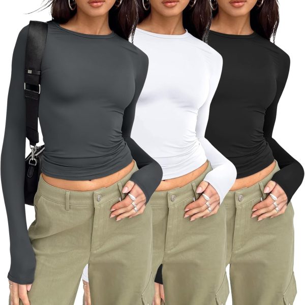 AUTOMET 3 Pack Womens Long Sleeve T Shirts Fall Fashion Basic Going Out Crop Tops Slim Fitted Winter Clothes 2025