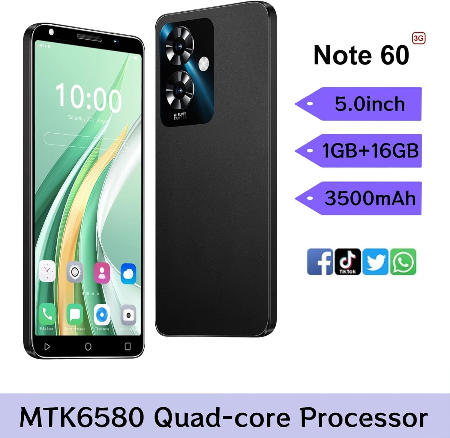 LilCost Note 60 Smartphone, 16GB ROM,128GB Extension,Dual SIM, 5.0'' HD Display with 3500mAh Battery and Dual Camera,Support WiFi/Bluetooth/Face Unlock Android Phone (Black) 2 LilCost Note 60 Smartphone, 16GB ROM,128GB Extension,Dual SIM, 5.0'' HD Display with 3500mAh Battery and Dual Camera,Support WiFi/Bluetooth/Face Unlock Android Phone (Black) - Image 2