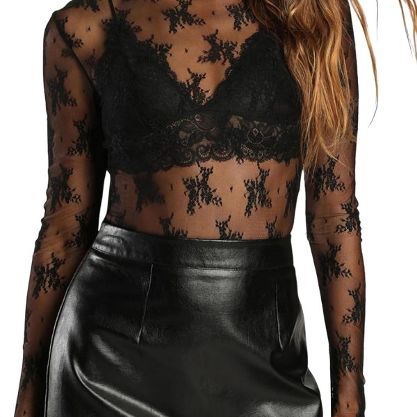 AKEWEI Womens Mesh Long Sleeve Tops Crew Neck Sexy See Through Tee Shirts Party Club Night Lace Blouse