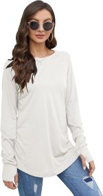 Fisoew Women's Casual Long Sleeve Tops Crew Neck Round Hem Loose T-Shirts Tunic Tops with Thumb Holes - Image 3