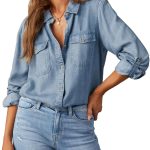 Astylish Women Button Down Denim Shirts Casual Long Sleeve V Neck Chambray Blouse Top