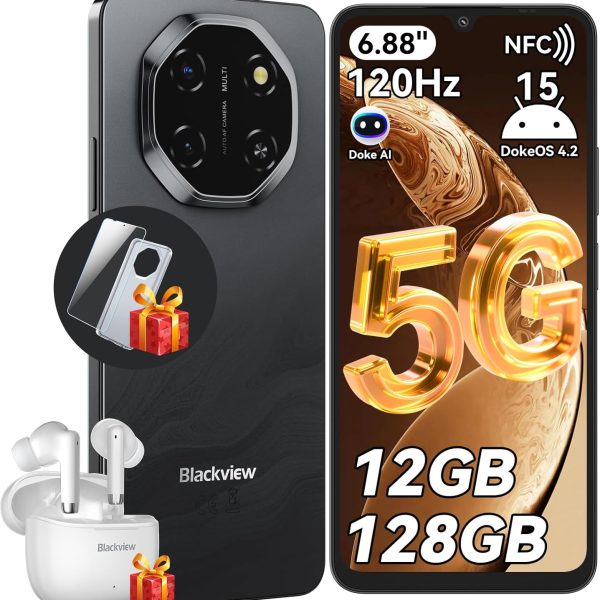 Blackview Shark 6 Unlocked Android Phones 5G (2025), Android 15 Cell Phone Unlocked, 6.88" 120Hz Display, 12GB+128GB/2TB, 16MP+8MP AI Camera, 5000mAh/18W,Fingerprint/Face ID,Dual SIM/GPS/OTG/NFC,Black