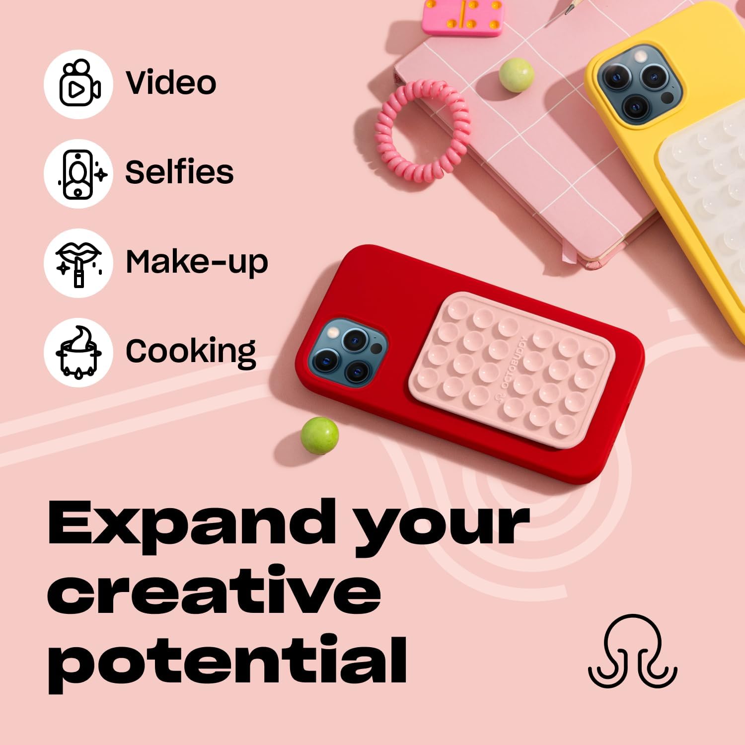 OCTOBUDDY Classic - Silicone Suction Phone Case Adhesive Mount - Hands-Free, Strong Grip Holder for Selfies and Videos - iPhone and Android Compatible - 2.25″ x 3.25″, Chalk Pink 5 OCTOBUDDY Classic - Silicone Suction Phone Case Adhesive Mount - Hands-Free, Strong Grip Holder for Selfies and Videos - iPhone and Android Compatible - 2.25″ x 3.25″, Chalk Pink - Image 5