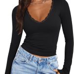 PINKMSTYLE Women Sexy V Neck Lace Long Sleeve Shirts Basic Fitted Double Lined Going Out Y2K Trendy Fall Tops