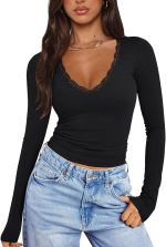 PINKMSTYLE Women Sexy V Neck Lace Long Sleeve Shirts Basic Fitted Double Lined Going Out Y2K Trendy Fall Tops