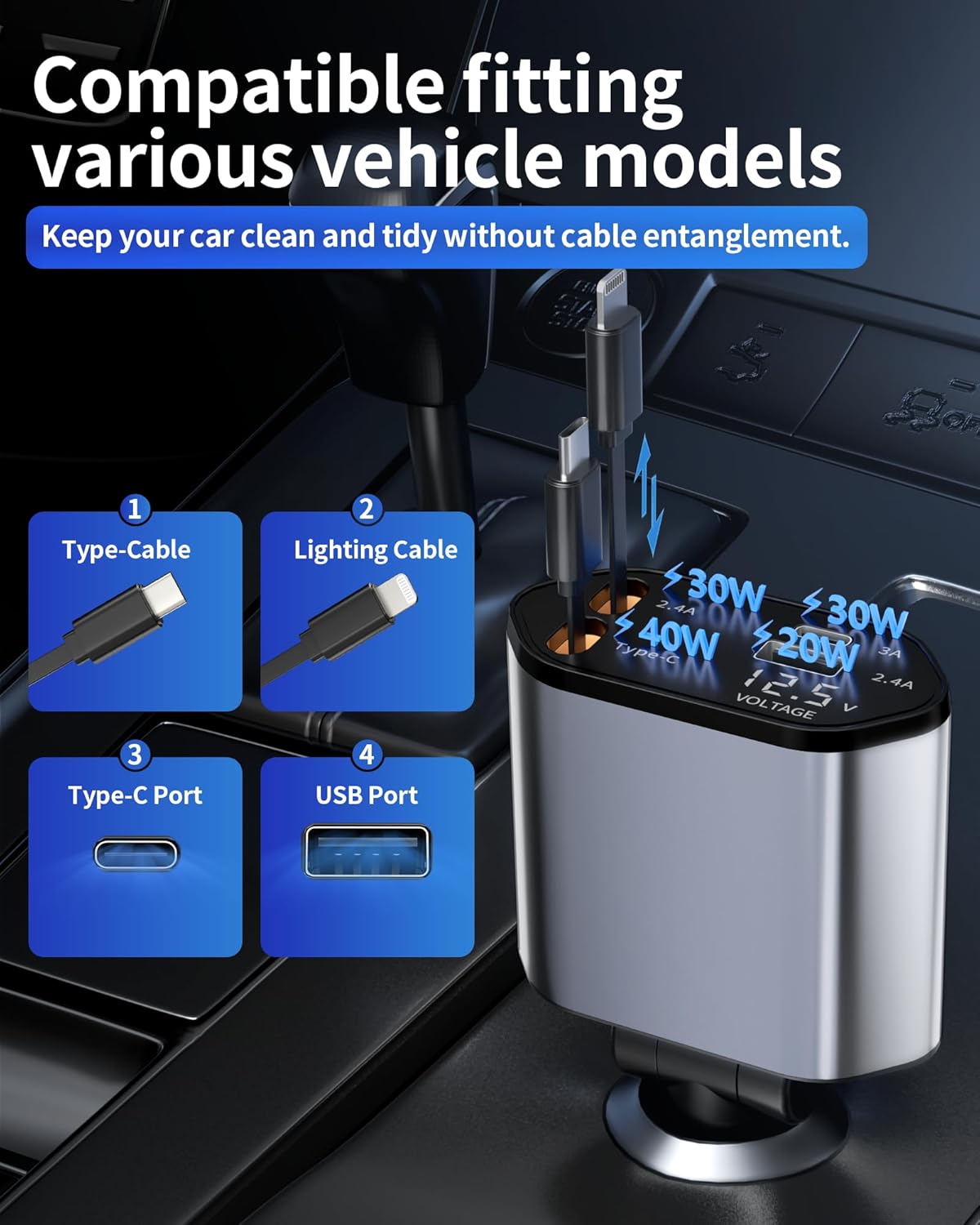 Retractable Car Charger, 4 in 1 Fast Charging Car Charger USB-C & USB-A Compatible with iPhone 16/15/14/13/12/11,Galaxy,Pixel 5 Retractable Car Charger, 4 in 1 Fast Charging Car Charger USB-C & USB-A Compatible with iPhone 16/15/14/13/12/11,Galaxy,Pixel - Image 5