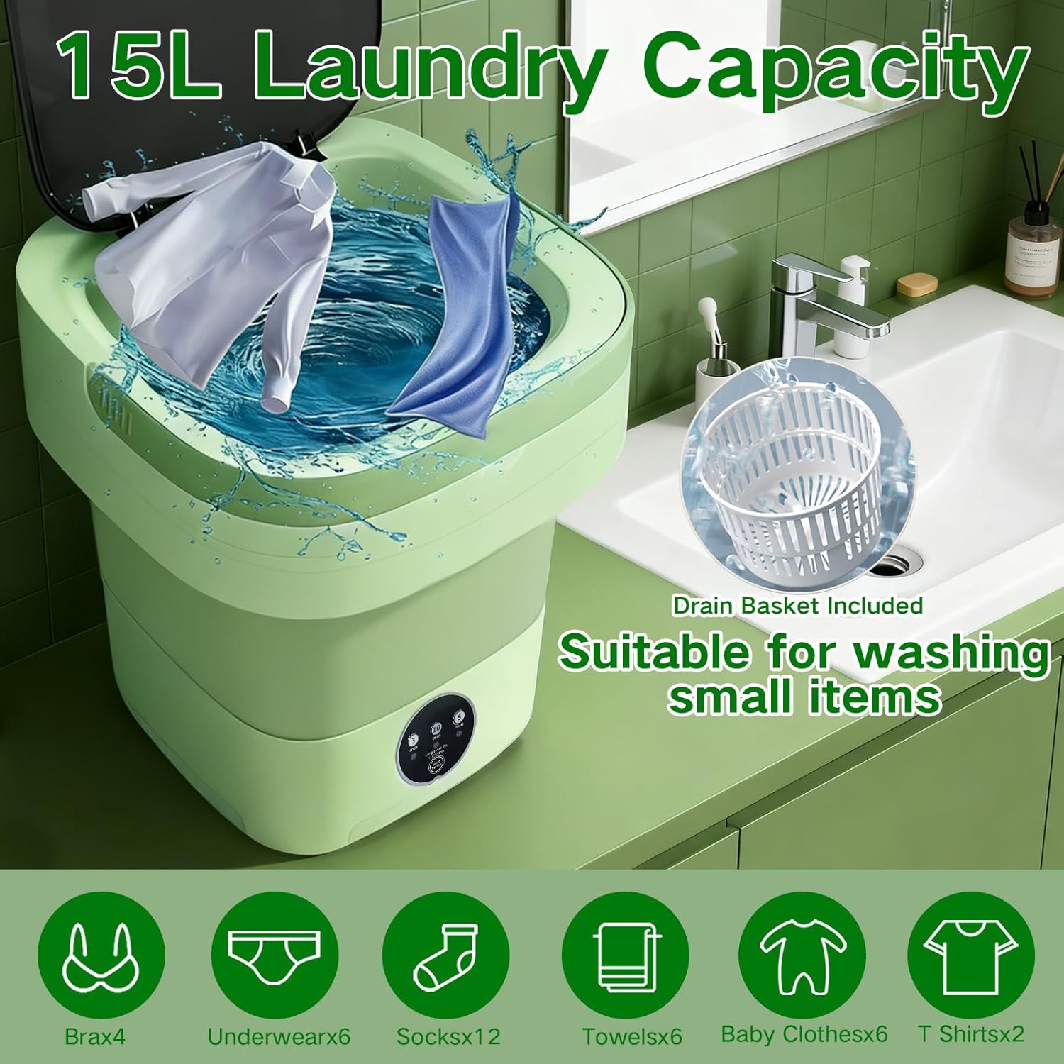 15L Portable Washing Machine, LGLRTD Small Foldable Washer with 3 Cleaning Modes for Baby Clothes, Underwear, Small Items, Mini Collapsible Laundry for Travel Apartment Home Hotel Camping (Green) 4 15L Portable Washing Machine, LGLRTD Small Foldable Washer with 3 Cleaning Modes for Baby Clothes, Underwear, Small Items, Mini Collapsible Laundry for Travel Apartment Home Hotel Camping (Green) - Image 4