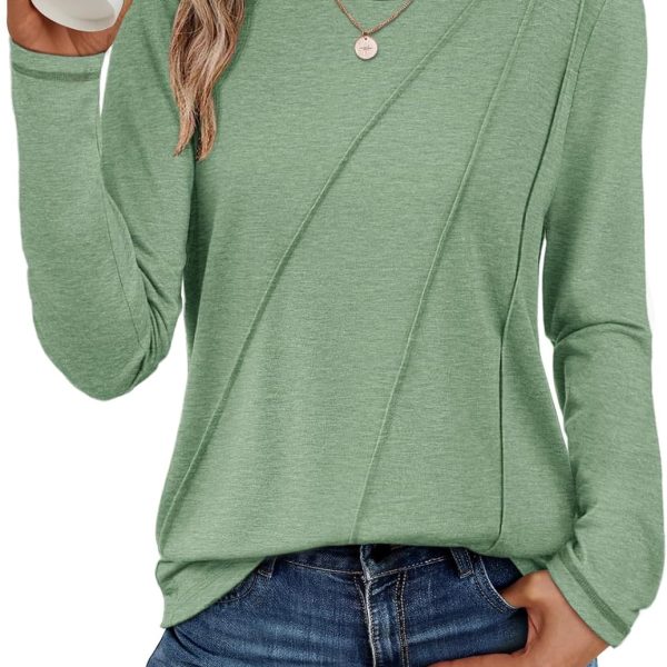 ATHMILE Womens Long Sleeve Shirts Pleated Crew Neck Casual Fall Fashion Tops Loose Fit Lightweight Girls Outfits Clothes
