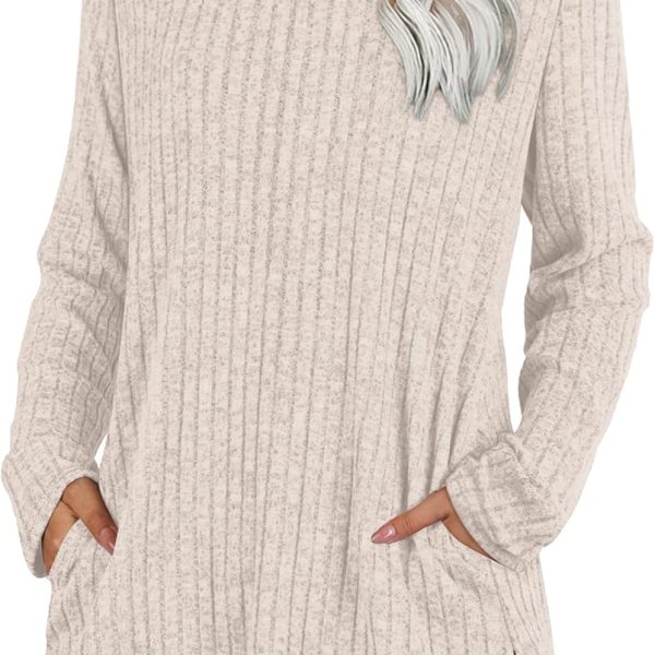 SAMPEEL Womens Sweaters Crewneck Long Sleeve Shirts with Pockets Fall Outfits 2025 Fashion Winter Clothing Side Slit