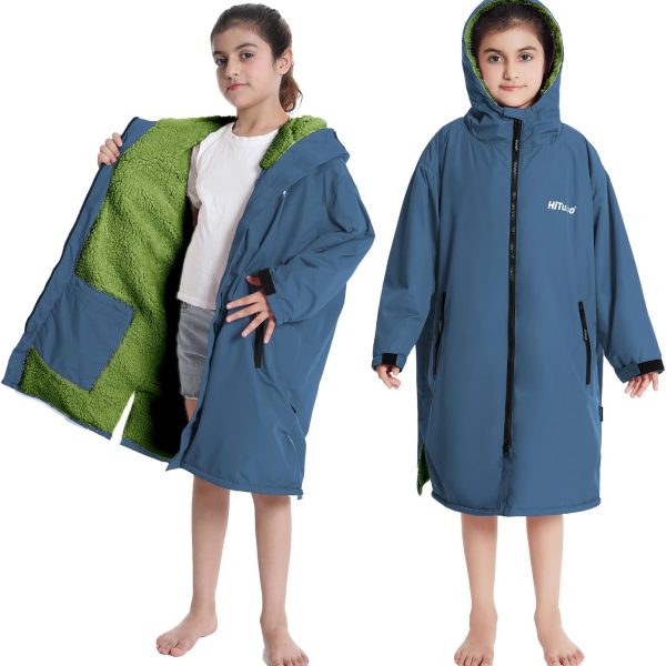 Hiturbo Warm Kids Swim Parka: Waterproof Changing Robe - Oversize Swimming Coat - Hooded Surf Poncho - Thick Lining (7-14Y)