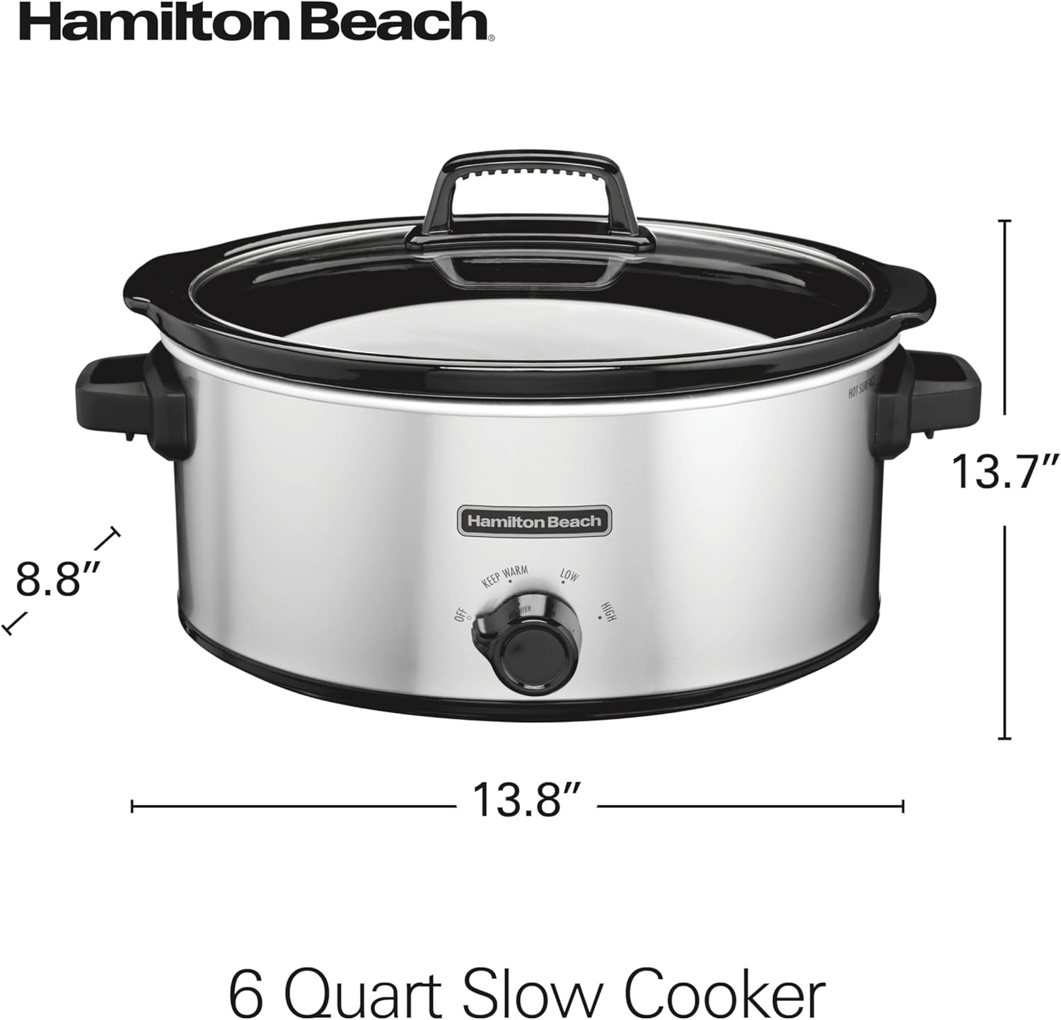 Hamilton Beach 6-Quart Slow Cooker with 3 Cooking Settings, Dishwasher-Safe Stoneware Crock & Glass Lid, Silver (33665G) 8 Hamilton Beach 6-Quart Slow Cooker with 3 Cooking Settings, Dishwasher-Safe Stoneware Crock & Glass Lid, Silver (33665G) - Image 8