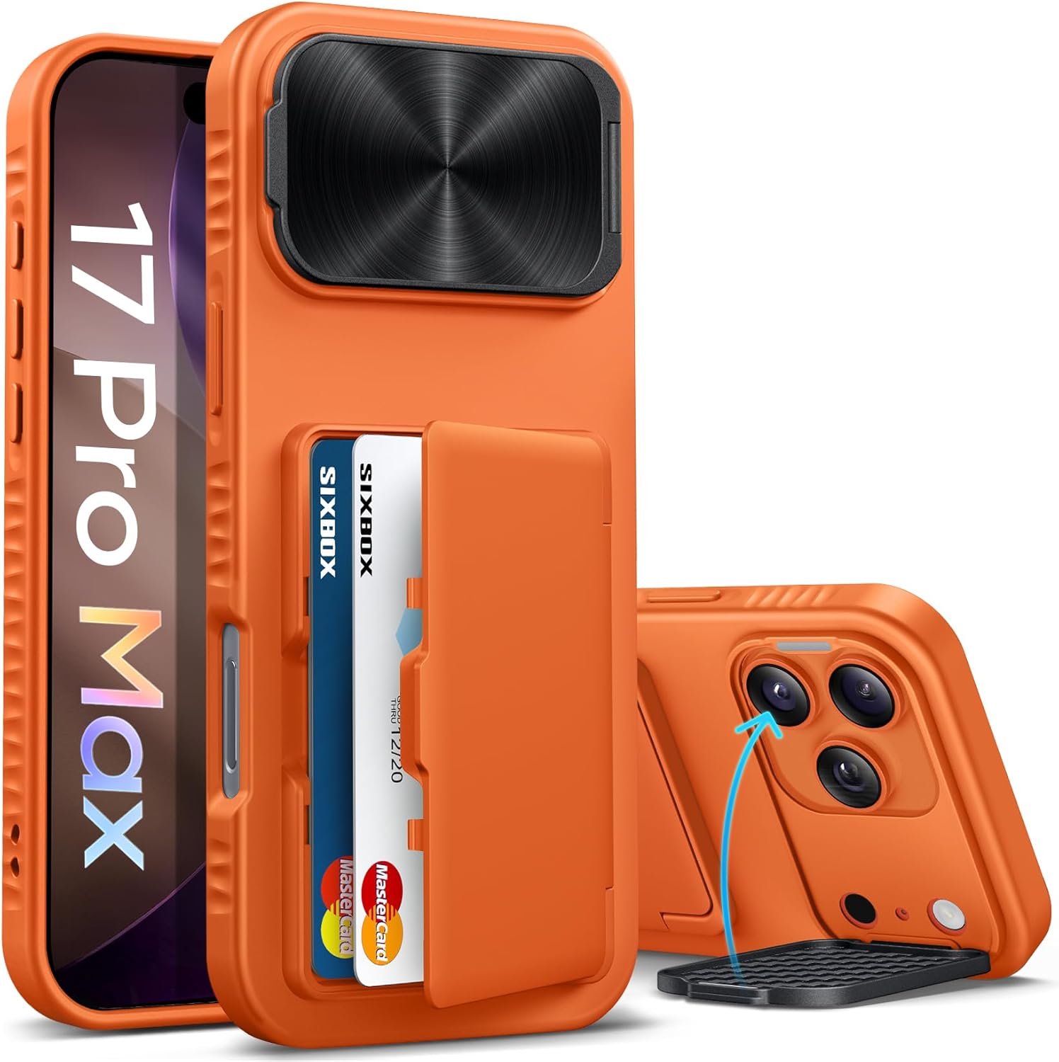 for iPhone 17 Pro Max Case with Credit Card Holder, for iPhone 17 Pro Max Case with Credit Card Holder, Built-in Camera Cover & Stand, Silicone Bumper Raised Edge Full Body Protective Phone Cover Case for iPhone 17 Pro Max 6.9" 2025, Orange