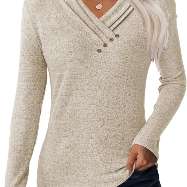 Women Long Sleeve Tunic Tops for Leggings V Neck Button Loose T Shirts 2025 Fall Dressy Casual Blouse Sweatshirt Sweater