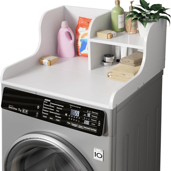 DTK Washer Dryer Countertop with Shelf, 27.5" D x 27" W x 11.8" H Laundry Countertop with Anti-Slip Strips and Edge Rails, Dryer Countertop Single for Laundry Room Storage and Organization(White)