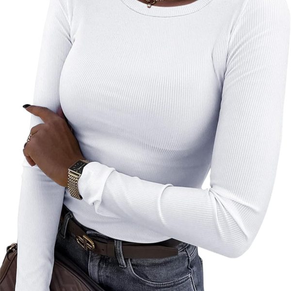 Roselux Womens Long Sleeve Stretch Crewneck Ribbed T-Shirt Fitted Casual Basic Tops