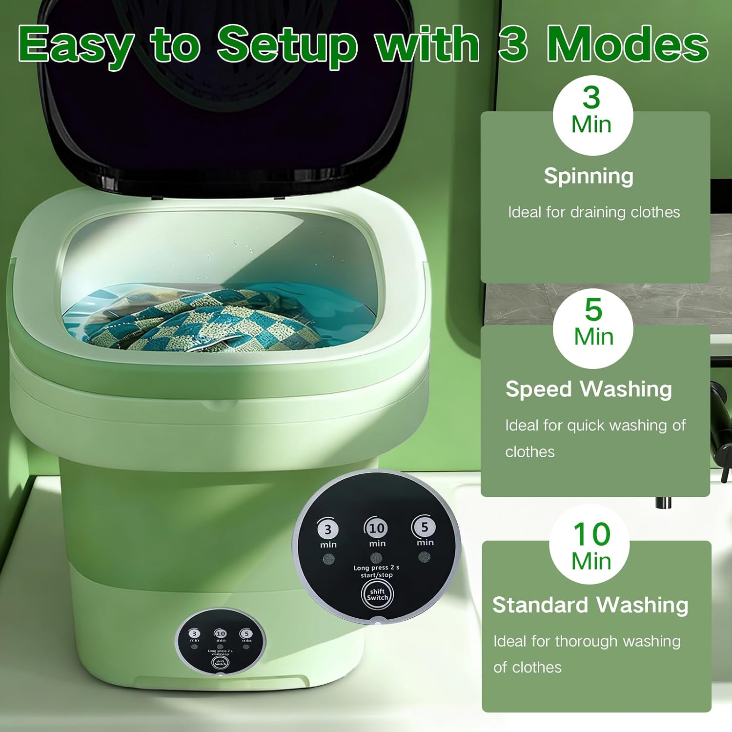 15L Portable Washing Machine, LGLRTD Small Foldable Washer with 3 Cleaning Modes for Baby Clothes, Underwear, Small Items, Mini Collapsible Laundry for Travel Apartment Home Hotel Camping (Green) 5 15L Portable Washing Machine, LGLRTD Small Foldable Washer with 3 Cleaning Modes for Baby Clothes, Underwear, Small Items, Mini Collapsible Laundry for Travel Apartment Home Hotel Camping (Green) - Image 5