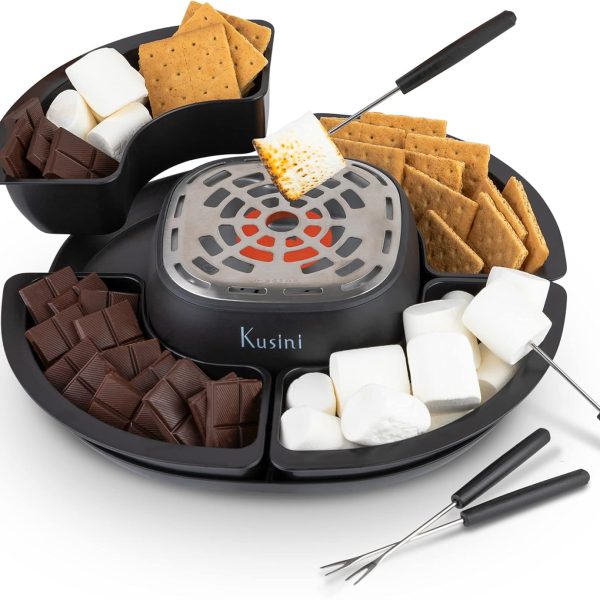 Kusini Smores Maker Tabletop Indoor - Flameless Electric Marshmallow Roaster – 4 Detachable Trays & 4 Roasting Forks – Gift Set & Date Night Idea. Movie Night Supplies & Housewarming Gift
