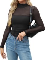 Zeagoo Womens Mesh Sheer Long Sleeve Top Mock Turtle Neck See Though Shirts Ruched Sexy Casual Going Out Blouses - Image 2