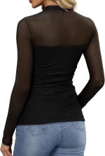 Womens Sexy Mesh Long Sleeve Shirts Fashion Clothing Turtle Necks Sheer Ruched Going Out Tops Fall Outfits Slim Fit Blouses - Image 5