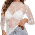 Womens Lace Mesh Long Sleeve Top Floral Sheer See Through Sexy Tops Mock Neck Shirts Party Club Night Blouses