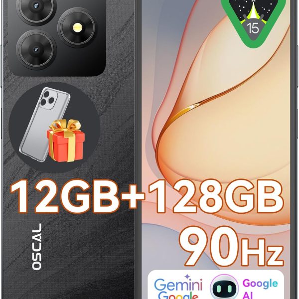 OSCAL Android Phones Unlocked for T-Mobile, FLAT 2 Android 15 Phone(2025), 12GB+128GB/2TB TF Octa Core, Dual SIM Phones Unlocked (US Warranty), 5000mAh, 90Hz,6.56"HD+, 4G/GPS/Fingerprint/Face ID-Black