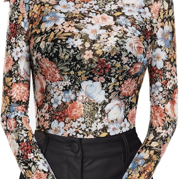 Floral Mesh Long Sleeve Tops for Women Mock Neck See Through Fitted Sexy Going Out Top
