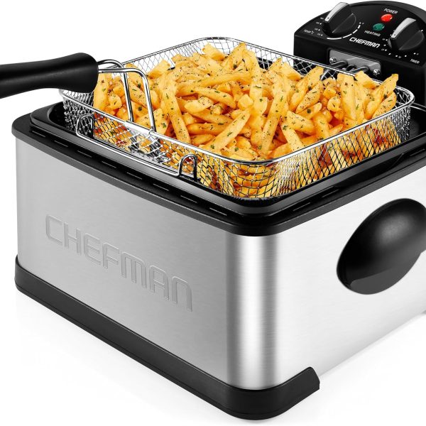 Chefman 4.5 Liter Deep Fryer w/Basket Strainer, XL Jumbo Size, Adjustable Temperature & Timer, Perfect for Fried Chicken, Shrimp, French Fries, Chips & More, Removable Oil-Container, Stainless Steel