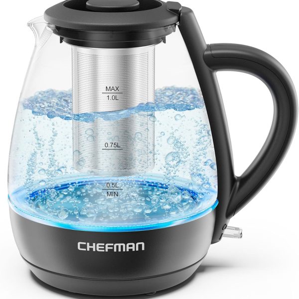 Chefman Electric Kettle with Tea Infuser, 1L 1500W, Removable Lid for Easy Cleaning, Boil-Dry Protection, Stainless Steel Filter, BPA Free, Auto Shut Off Hot Water Boiler, Small Electric Tea Kettle