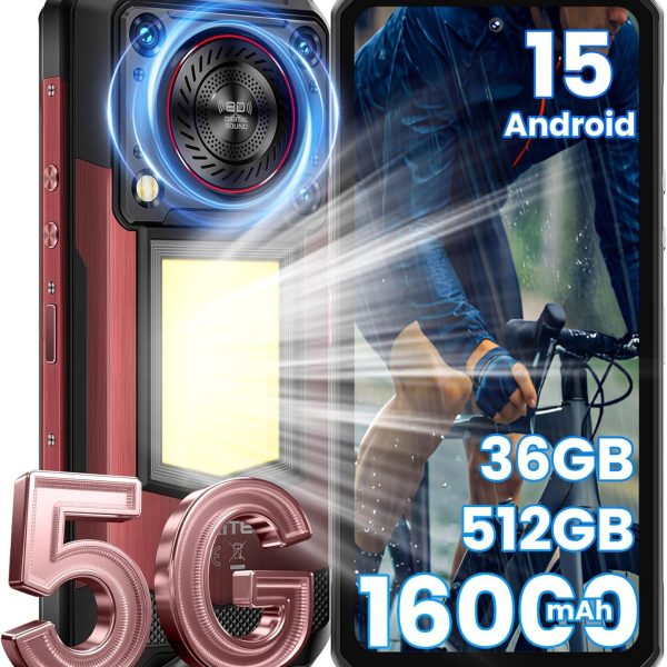OUKITEL WP56 Rugged Smartphone 5G, 16000mAh/45W, 36GB +512GB/2TB Android 15 Rugged Phone Unlocked, 1000-Lumen Camping Light, 6.8" FHD+ 120Hz, 108MP+32MP, 128dB Loud Speaker Waterproof, NFC/GPS/OTG