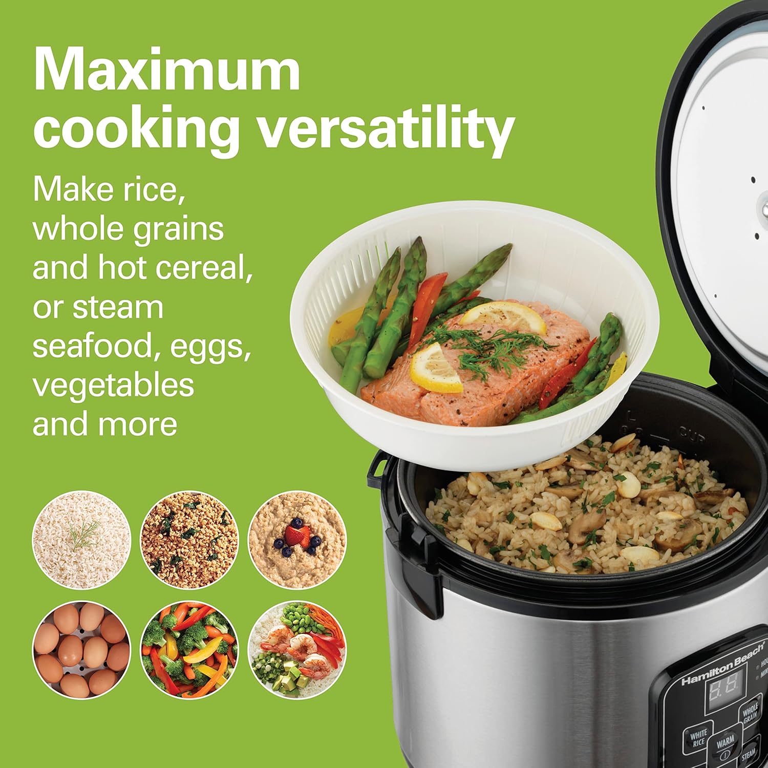 Hamilton Beach Digital Programmable Rice Cooker & Food Steamer, 8 Cups Cooked (4 Uncooked), With Steam & Rinse Basket, Stainless Steel (37518) 2 Hamilton Beach Digital Programmable Rice Cooker & Food Steamer, 8 Cups Cooked (4 Uncooked), With Steam & Rinse Basket, Stainless Steel (37518) - Image 2