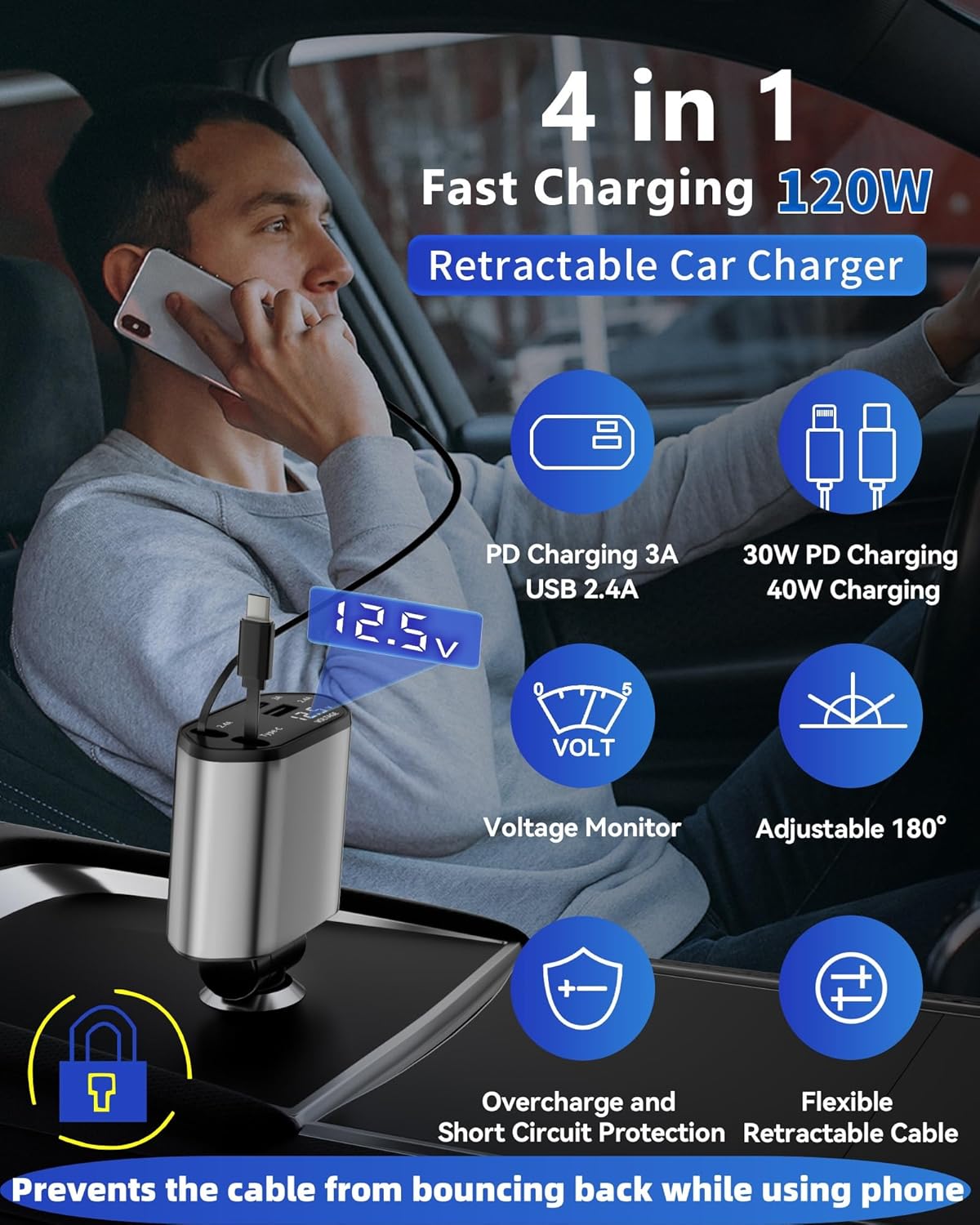Retractable Car Charger, 4 in 1 Fast Charging Car Charger USB-C & USB-A Compatible with iPhone 16/15/14/13/12/11,Galaxy,Pixel 3 Retractable Car Charger, 4 in 1 Fast Charging Car Charger USB-C & USB-A Compatible with iPhone 16/15/14/13/12/11,Galaxy,Pixel - Image 3