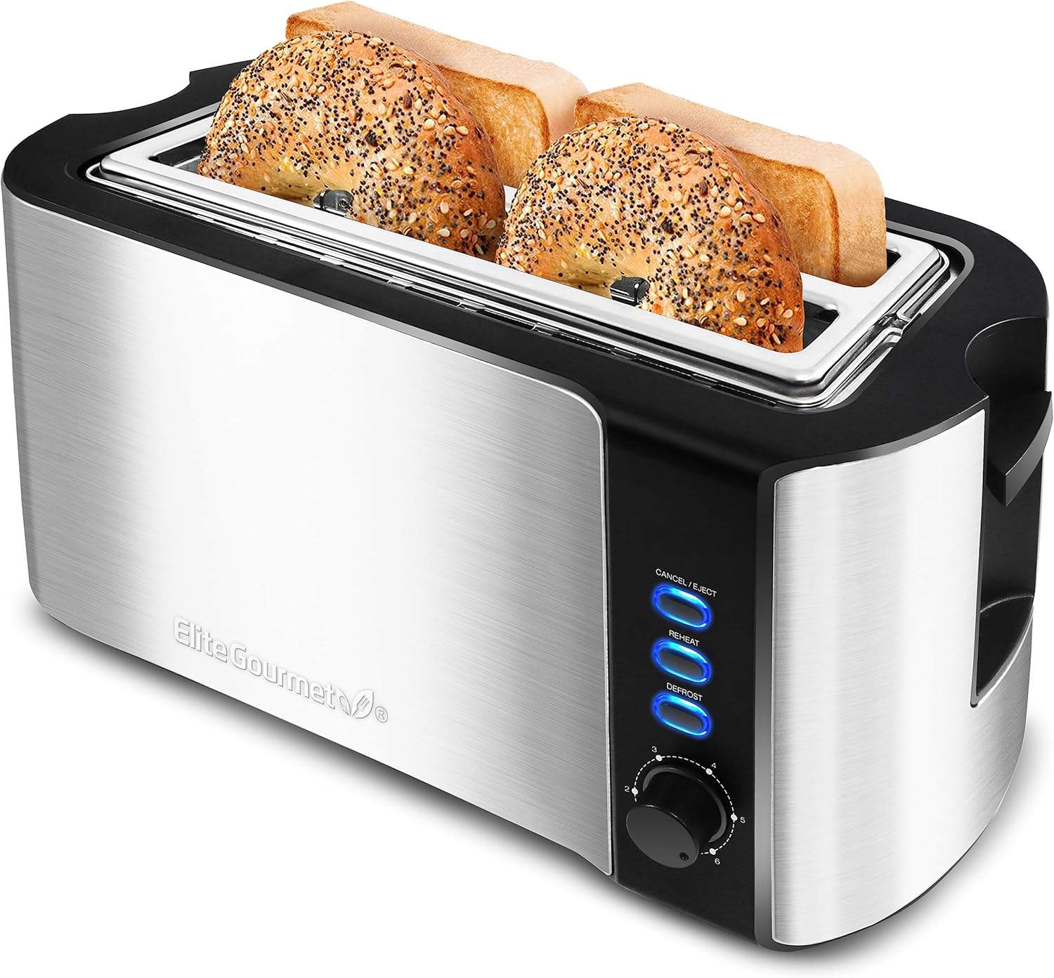 Elite Gourmet ECT-3100 Long Slot 4 Slice Toaster, Reheat, 6 Elite Gourmet ECT-3100 Long Slot 4 Slice Toaster, Reheat, 6 Toast Settings, Defrost, Cancel Functions, Built-in Warming Rack, Extra Wide Slots for Bagels & Waffles, Stainless Steel & Black