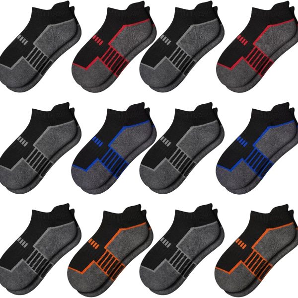 Comfoex 12 Pairs Boys Socks - Ankle Low Cut Athletic Half Cushioned Short Socks For Kids 4-6, 6-8, 8-10 Years Old