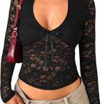 Womens Long Sleeve Going Out Tops Lace V Neck Mesh Crop Shirts Sexy Cute Y2K Fall Trendy Outfits 2025