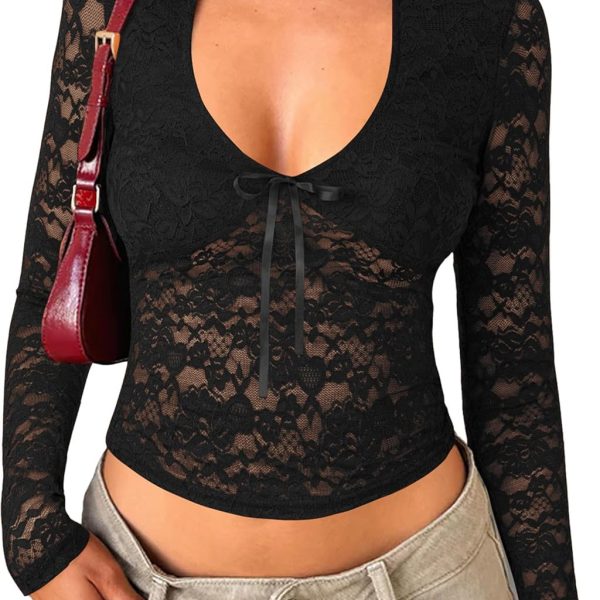 Womens Long Sleeve Going Out Tops Lace V Neck Mesh Crop Shirts Sexy Cute Y2K Fall Trendy Outfits 2025
