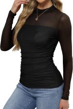 Womens Sexy Mesh Long Sleeve Shirts Fashion Clothing Turtle Necks Sheer Ruched Going Out Tops Fall Outfits Slim Fit Blouses - Image 3
