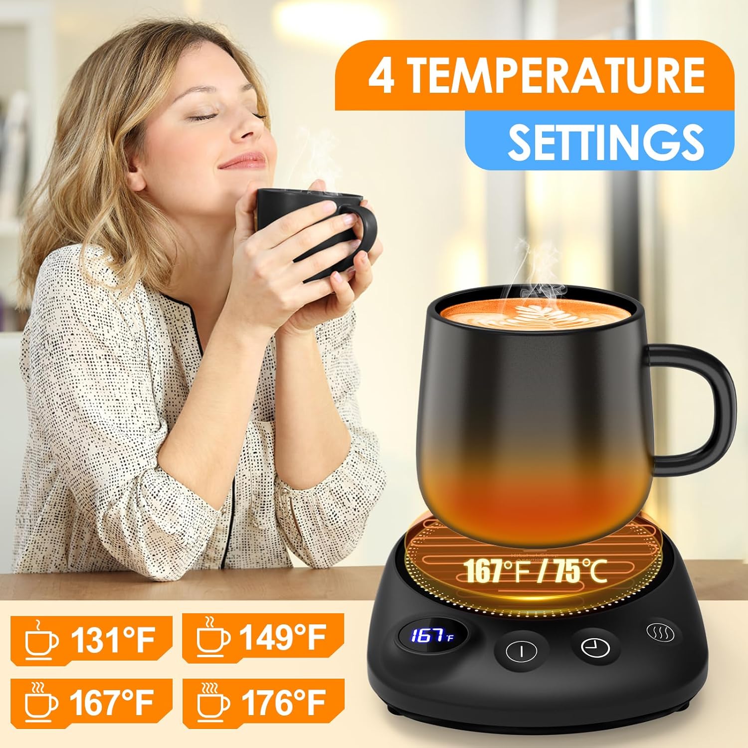 Coffee Mug Warmer - Fastest Heating & Highest Temperature, Coffee Cup Warmer for Desk Auto Shut Off, 4 Temp Settings & 1-12H Timer, Smart Electric Beverage Warmer for Coffee, Tea (Black) 2 Coffee Mug Warmer - Fastest Heating & Highest Temperature, Coffee Cup Warmer for Desk Auto Shut Off, 4 Temp Settings & 1-12H Timer, Smart Electric Beverage Warmer for Coffee, Tea (Black) - Image 2