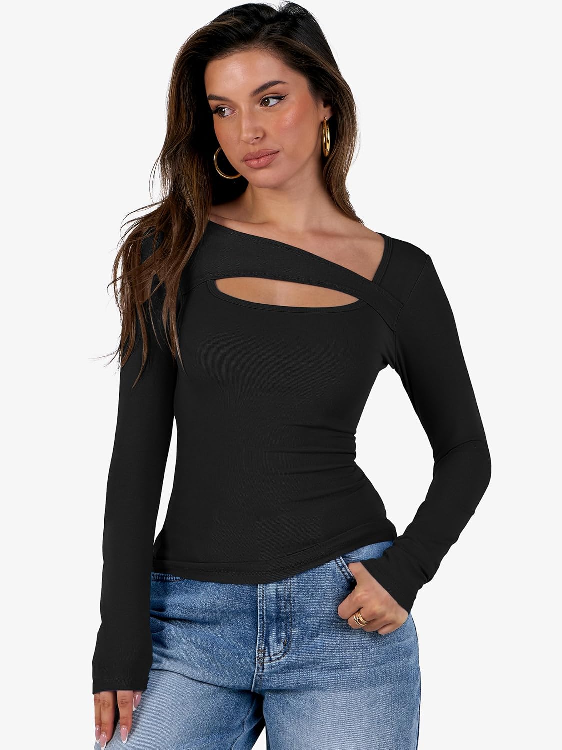 ANRABESS Womens Cutout Tops Trendy Sexy Long Sleeve Shirts Ribbed Slim Fit Tee 2025 Fall Fashion Going Out Tshirts Clothes 2 ANRABESS Womens Cutout Tops Trendy Sexy Long Sleeve Shirts Ribbed Slim Fit Tee 2025 Fall Fashion Going Out Tshirts Clothes - Image 2
