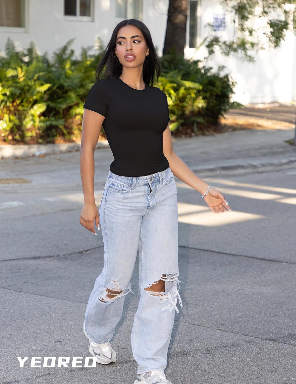 YEOREO Women Fitted Workout Tops Short Sleeve Double Lined Basic Y2K Going Out Crew Neck Compression Crop Top 2 YEOREO Women Fitted Workout Tops Short Sleeve Double Lined Basic Y2K Going Out Crew Neck Compression Crop Top - Image 2