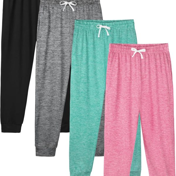 4 Pack Girls Sweatpants Jogger Lightweight Dry-Fit Active Athletic Kids Joggers with Pockets & Drawstring