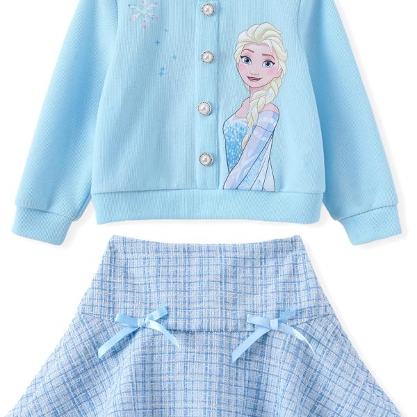Disney Frozen Elsa Stitch Princess Moana Minnie Toddler Girl 2 Piece Outfit Kid Pearl Button Knit Top & Tweed Skirt Set 2-13Y