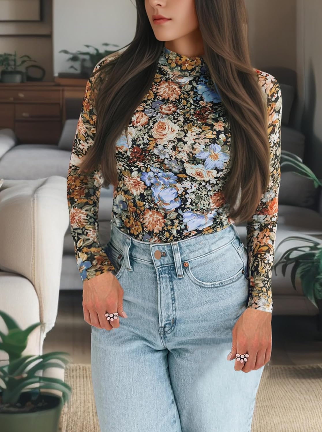 Floral Mesh Long Sleeve Tops for Women Mock Neck See Through Fitted Sexy Going Out Top 3 Floral Mesh Long Sleeve Tops for Women Mock Neck See Through Fitted Sexy Going Out Top - Image 3