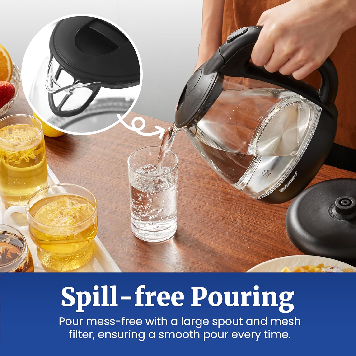 Elite Gourmet EKT1001 Electric 1.0L BPA-Free 1100W Glass Kettle Cordless 360° Base, Stylish Blue LED Interior, Handy Auto Shut-Off Function – Quickly Boil Water For Tea & More, Black 7 Elite Gourmet EKT1001 Electric 1.0L BPA-Free 1100W Glass Kettle Cordless 360° Base, Stylish Blue LED Interior, Handy Auto Shut-Off Function – Quickly Boil Water For Tea & More, Black - Image 7