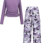Girls Clothes Tween Girl Clothing Long Sleeve Ruched Drawstring Ribbed Knit Top Camo Cargo Pants Fall Winter Outfits